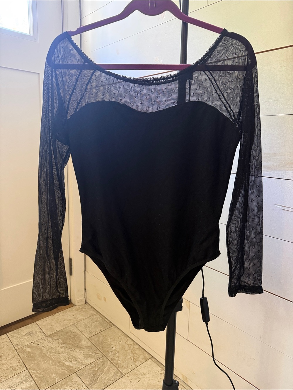 Black Sheer Lace Long-Sleeve Bodysuit with Sweetheart Neckline